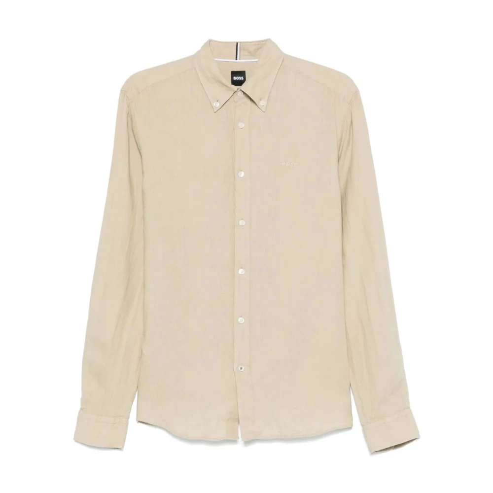 Hugo Men's Beige Casual Shirts, Xl, Linen Embroidered Logo Shirt