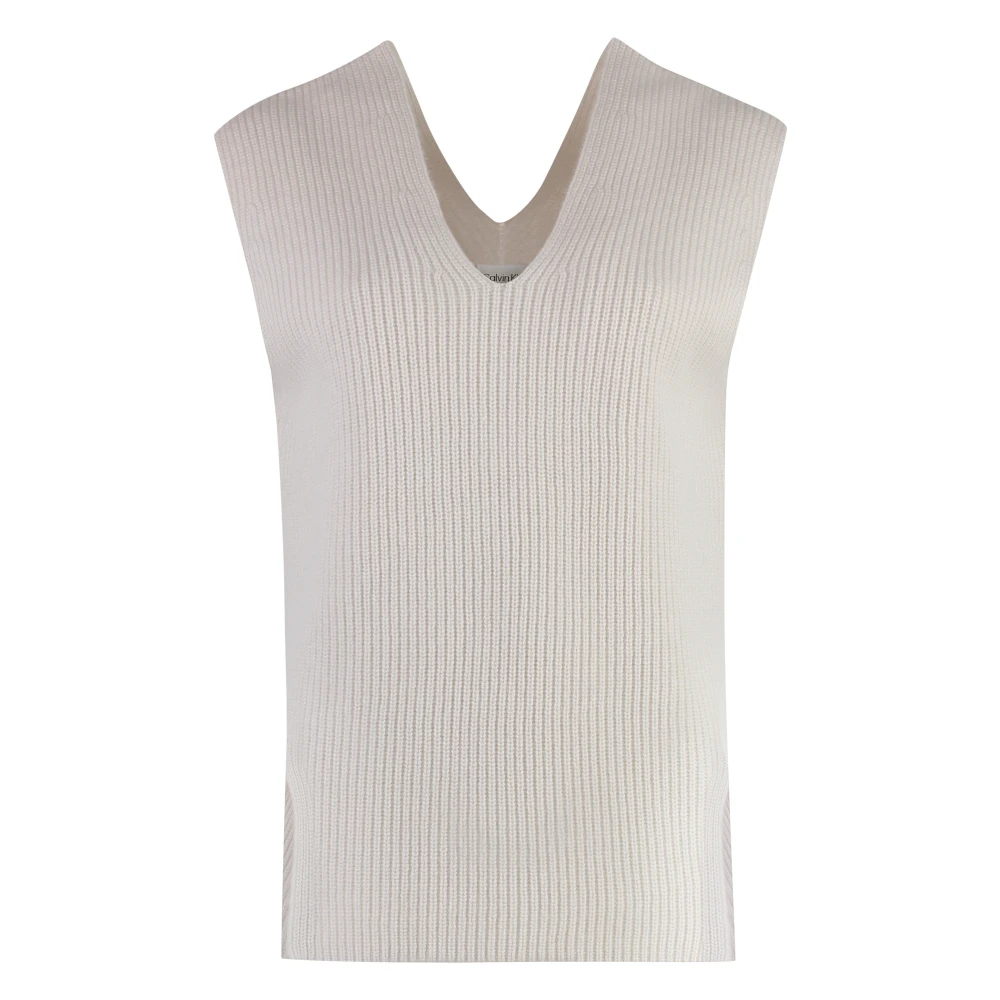 Calvin Klein Geribbelde Gebreide Wollen Vest Beige Dames