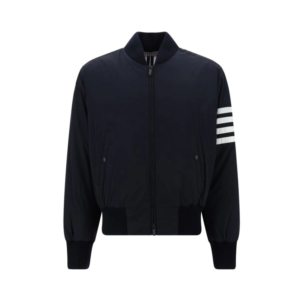 Thom Browne Men's Black Sporty-Elegant Bomber Jacket With Iconic Bands