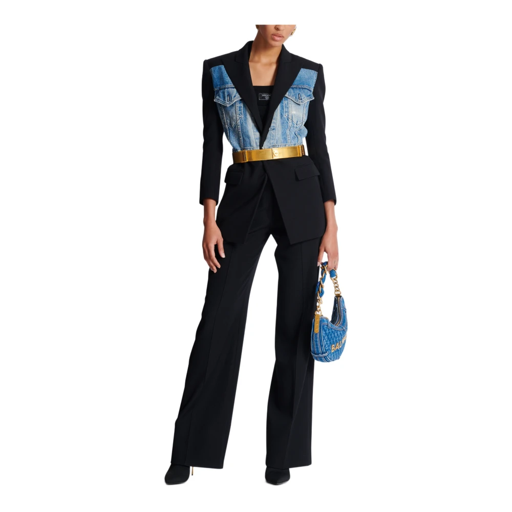 Balmain 1-knoop bi-materiaal jas Black Dames