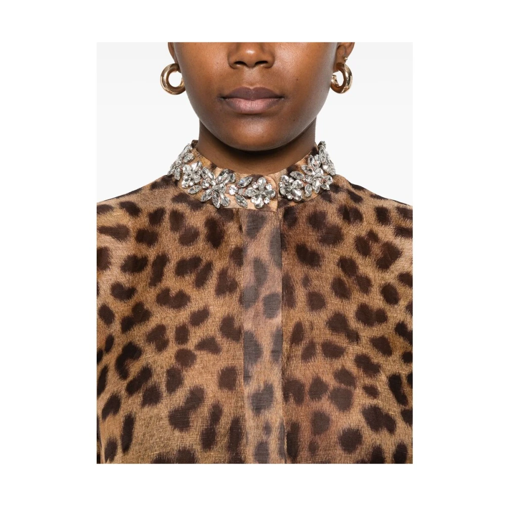 Zimmermann Luipaardprint Linnen-Zijden Bodysuit Brown Dames