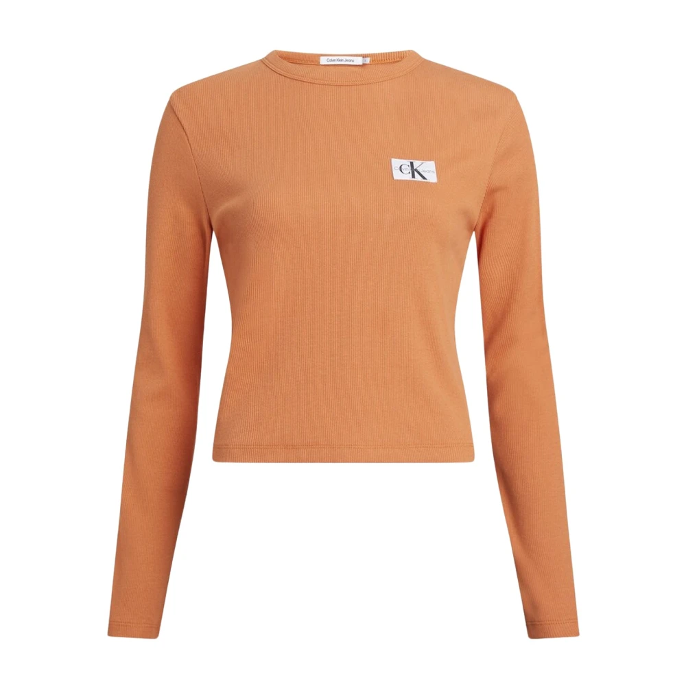 Calvin Klein Geribbelde T-shirt Oranje Rechte pasvorm Lange mouw Orange Dames