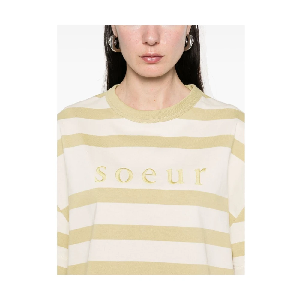 Soeur Gestreept Crew Neck Geborduurd T-shirt Beige Dames