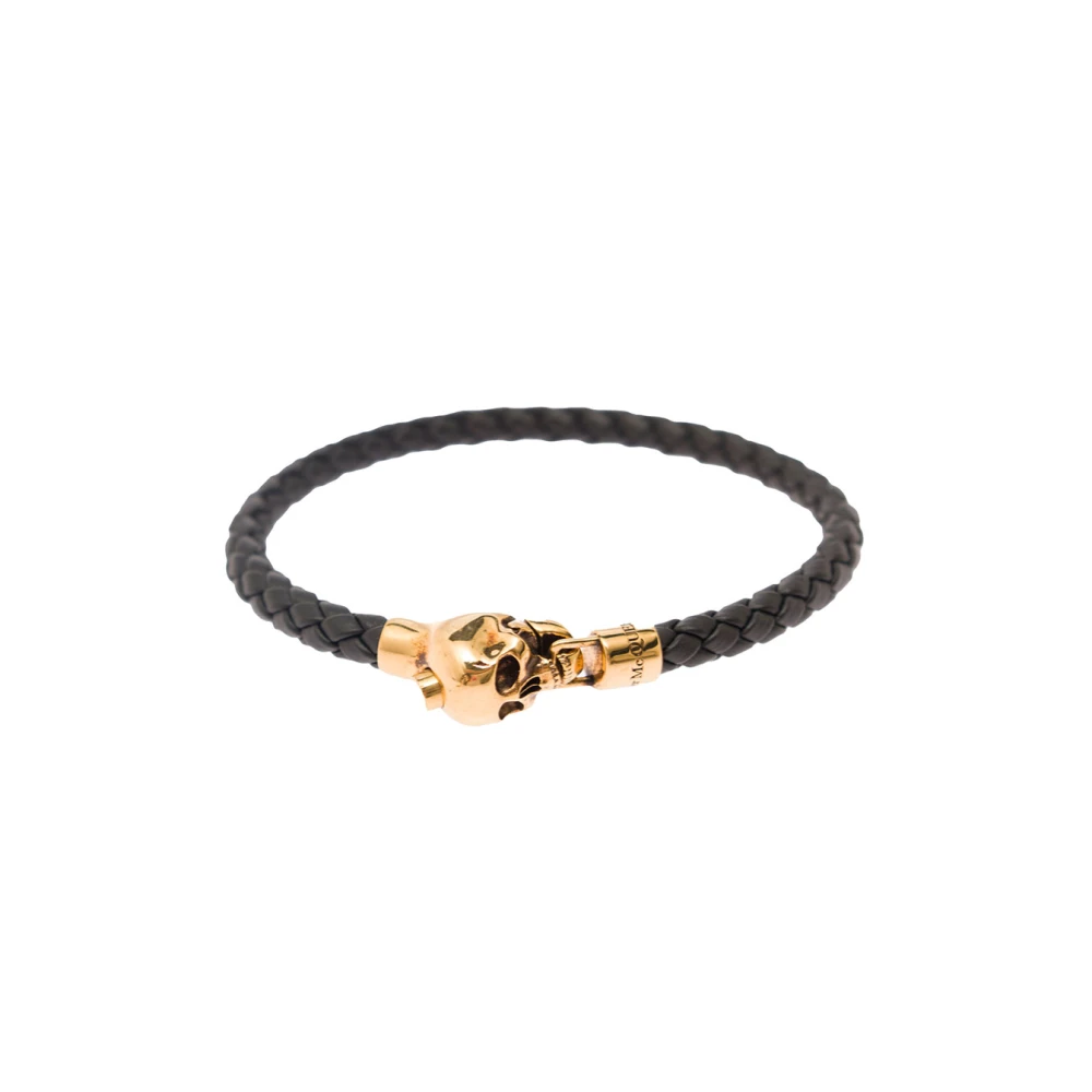 Alexander McQueen Flätat Läder Skull Armband Svart Black, Herr