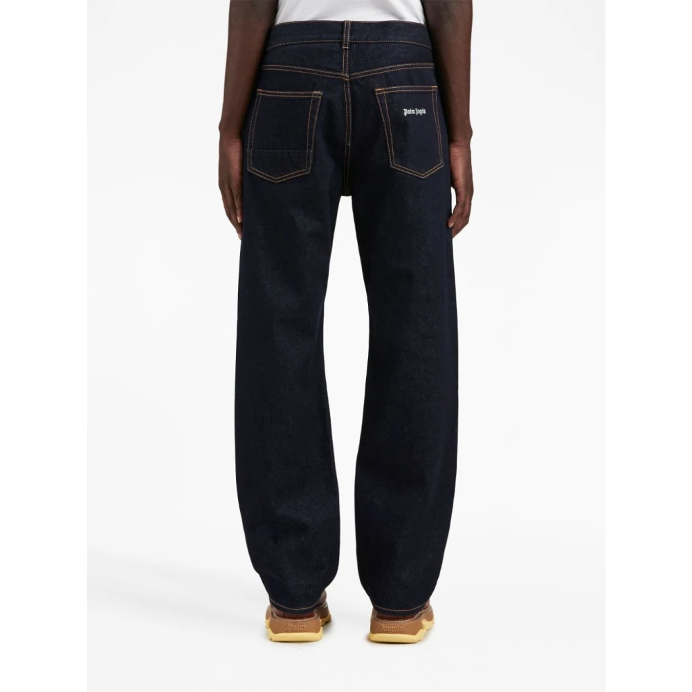 Palm Angels Navy Blue Logo Raw Wash Loose Blue Heren