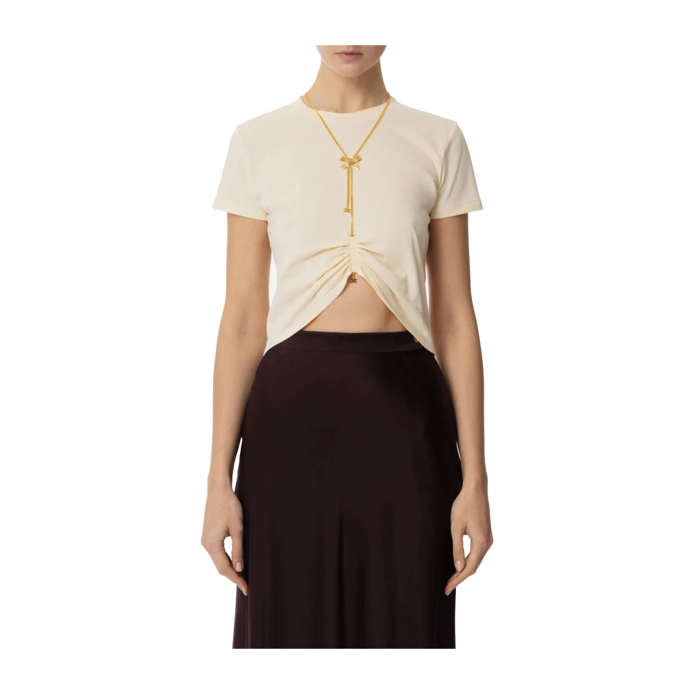 Elisabetta Franchi Gele T-shirt met Gouden Details Beige Dames