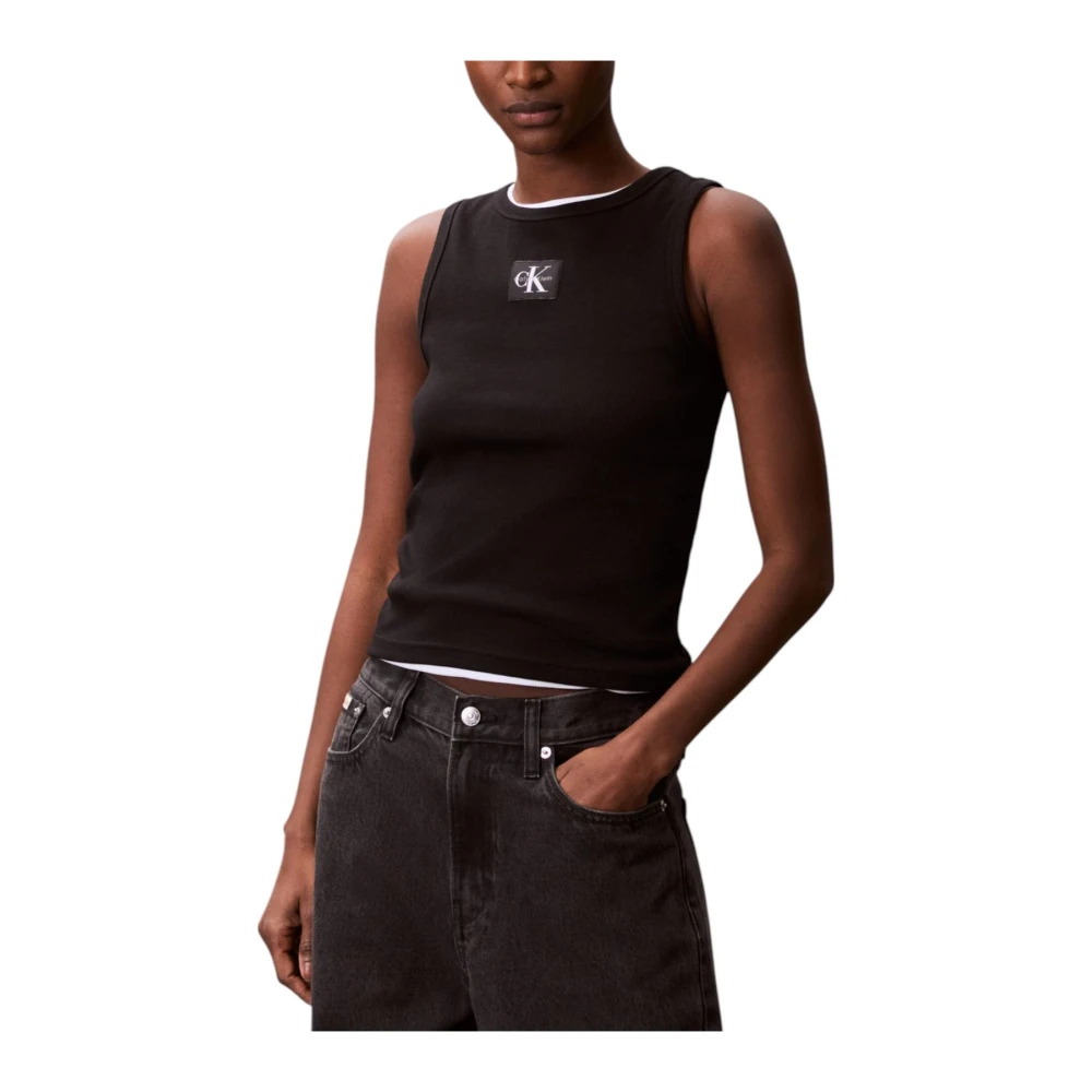 Calvin Klein Jeans Women's Black Sleeveless Tops, 2XL, Cotton Tank Top