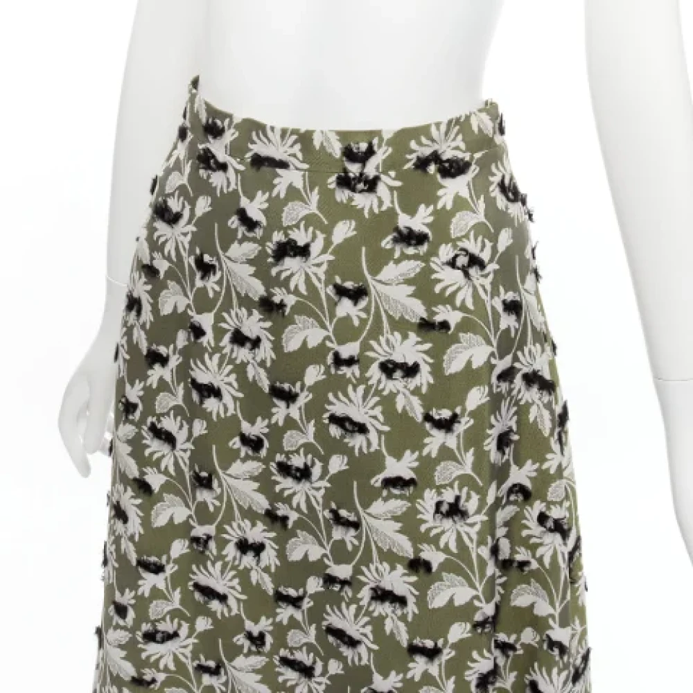 Balenciaga Vintage Tweedehands Viscose Shorts-Rokken Balenciaga 2015 Grijs Groen Zwart Franje Versiering Witte Bloemen Midi Rok Fr36 S Gray Dames