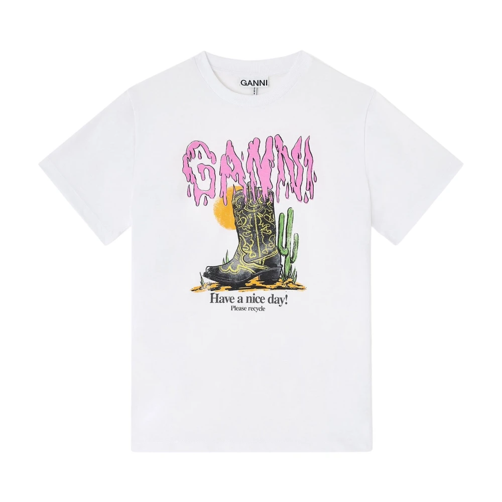 Ganni White Western Boot Print T-Shirt - Female - T-Shirts - M - Tops