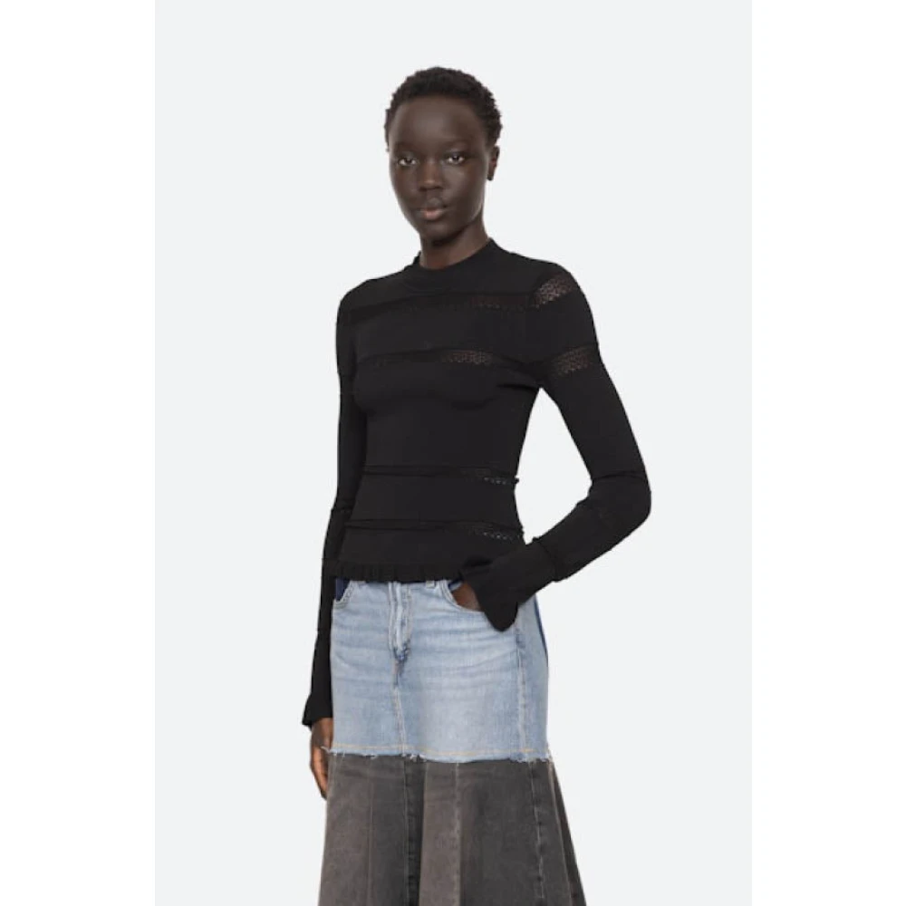 Sea NY Gebreide korte mouw top met transparante accenten Black Dames