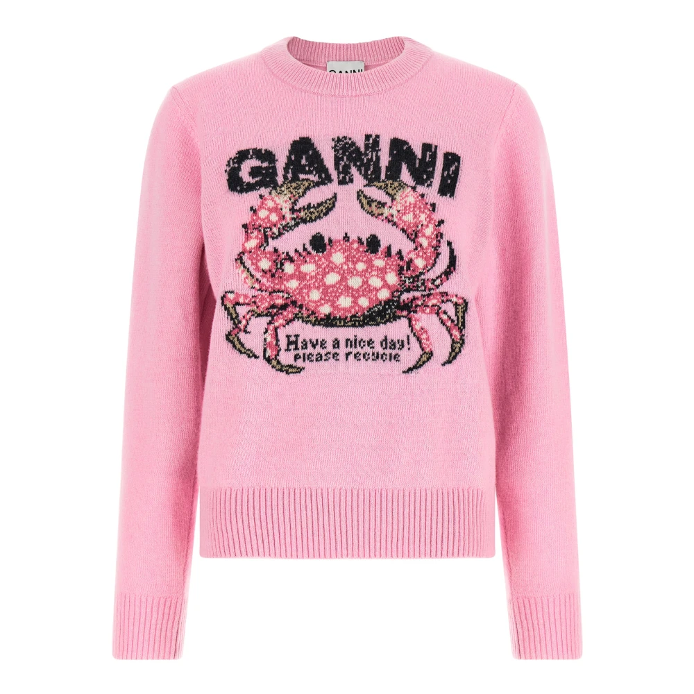 Ganni Pink Round-Neck Knitwear, Female, 2XS, Wool Blend Jumper