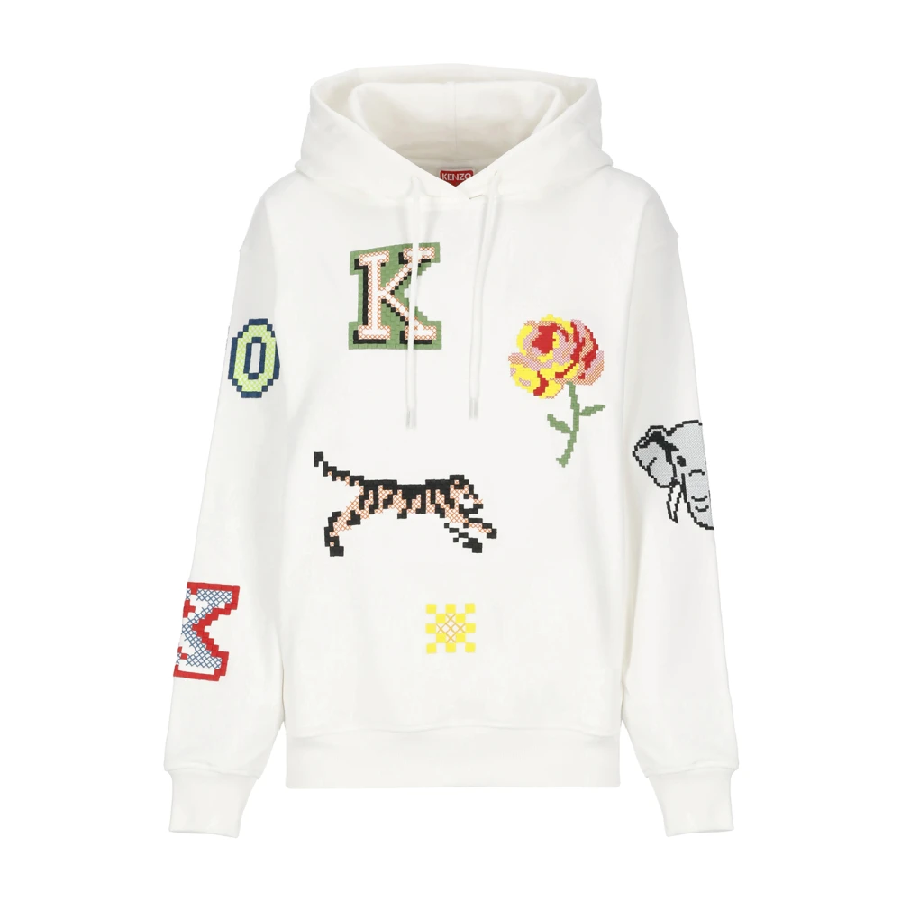 Kenzo Women's Beige Cotton Hoodie With Pixel Embroideries - Hoodies - S - Sweatshirts & Hoodies