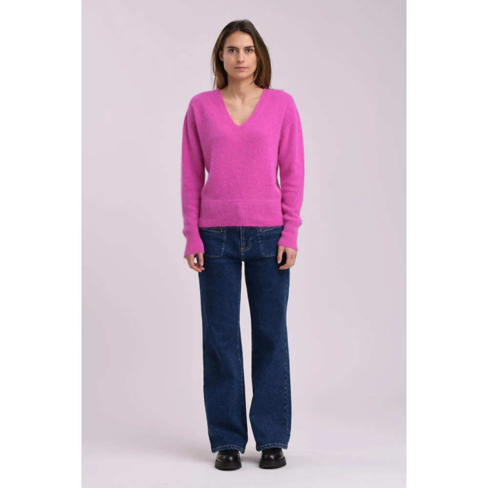 La Fée Maraboutée Angora V-hals trui boxy stijl Pink Dames