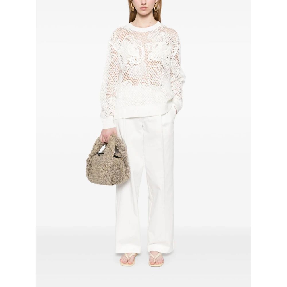 Max Mara Witte Geribbelde Trui Ronde Hals Lange Mouwen White Dames