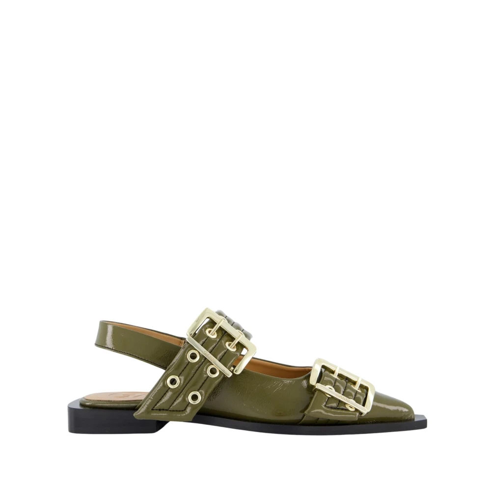 Ganni Women's Green Chunky Buckle Ballerina Shoes