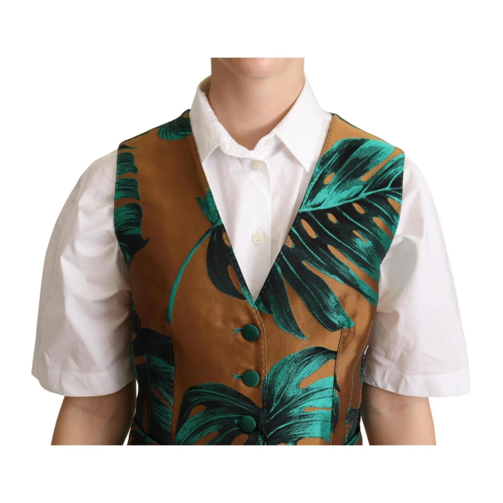 Dolce & Gabbana Tropische Bladprint Zijden Vest Goud Multicolor Dames
