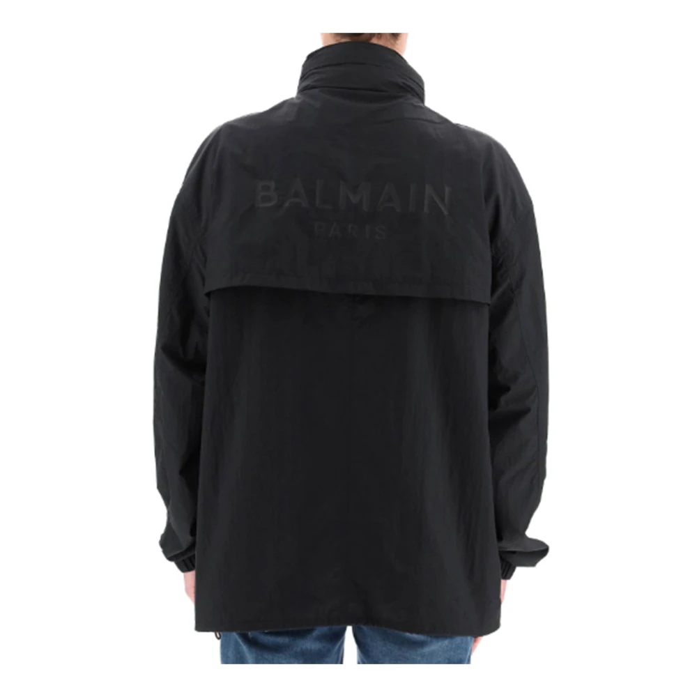 Balmain Nylon Logo Jas met Opvouwbare Capuchon Black Heren