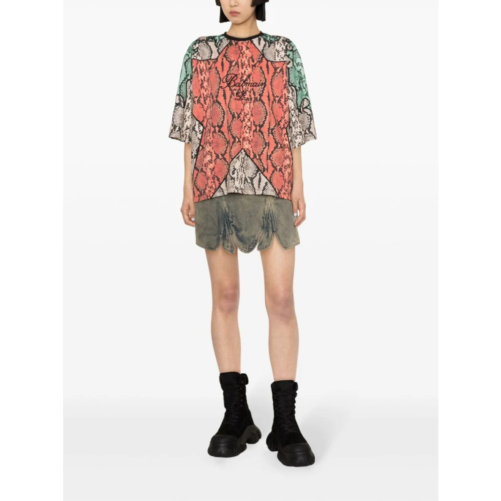 Balmain MultiColour Python Print T-shirt met Borduursel Multicolor Dames
