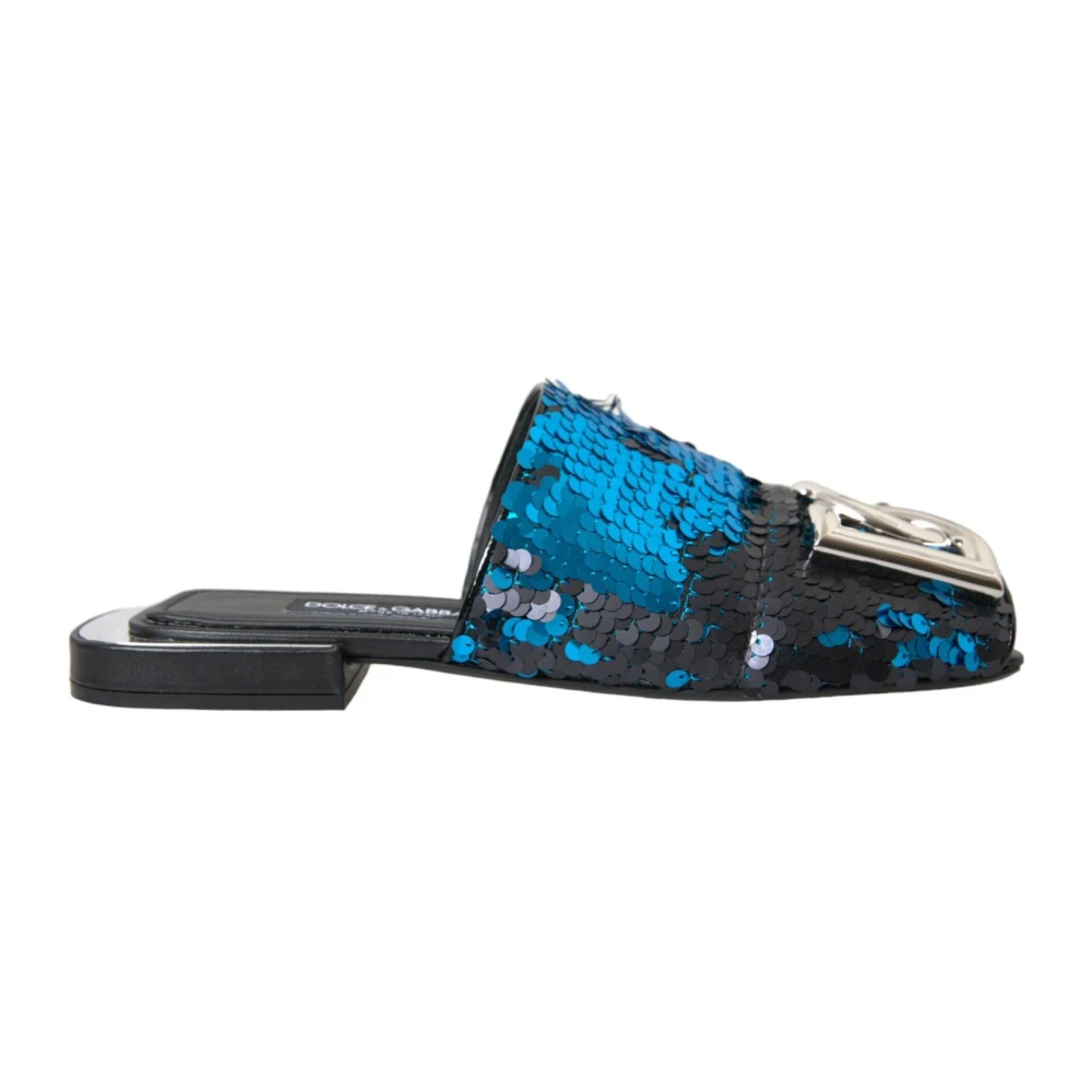 Dolce & Gabbana Blå Paljett Logo Slides Sandaler Blue, Dam