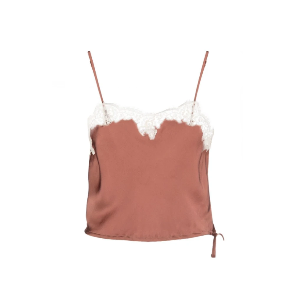 Saint Laurent Mouwtjesloze top met kanten rand Brown Dames