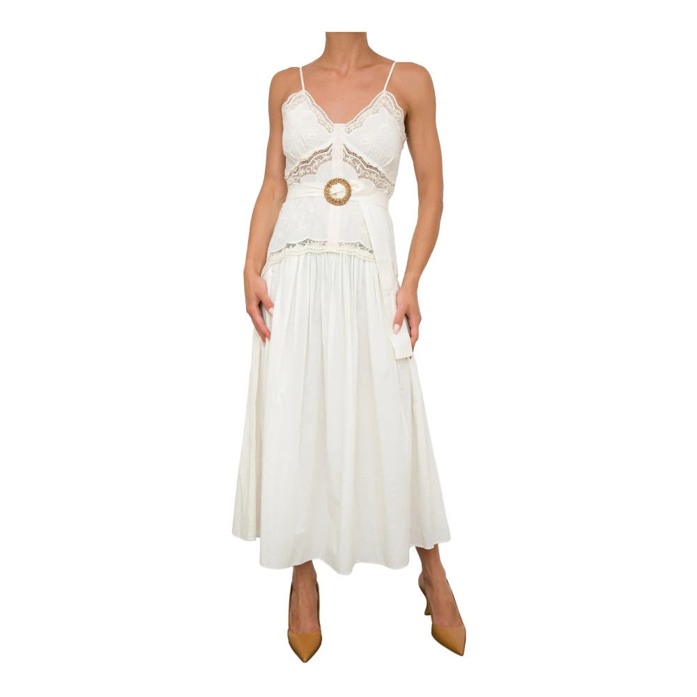 Twinset Lange Raffia Riem Witte Jurk White Dames