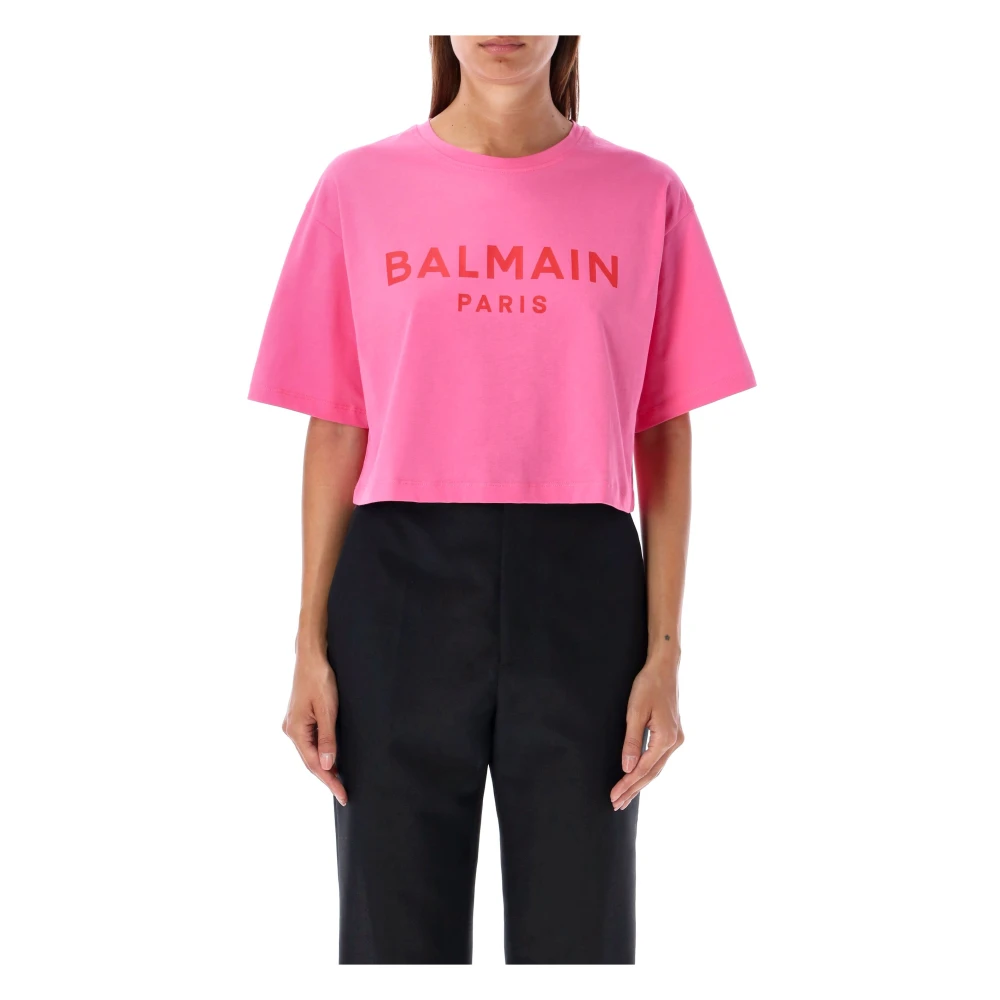 Balmain Cropped Logo T-Shirt Fucsia Rose Pink Dames