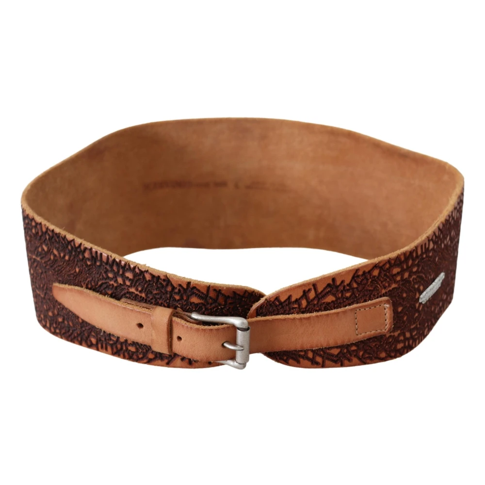 Ermanno Scervino Women's Brown Wide Leather Embroidered Design Logo Belt