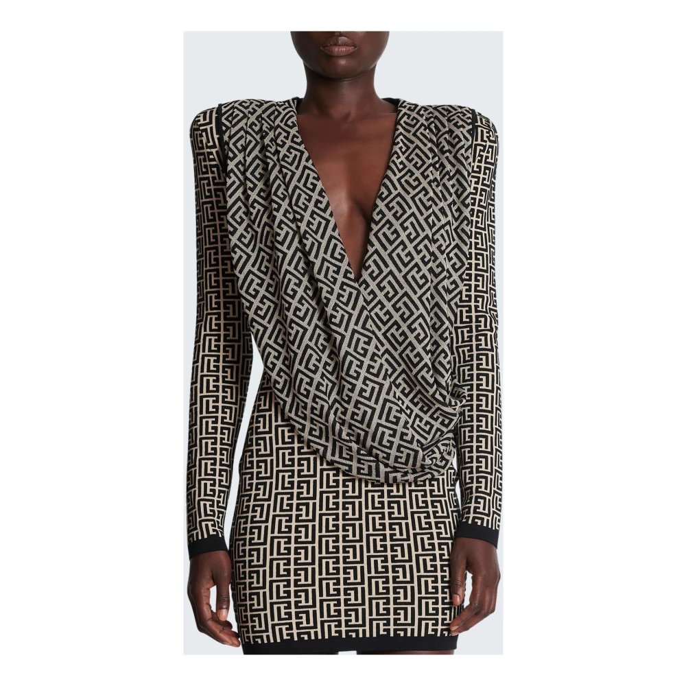 Balmain Draped V-Hals Monogram Gebreide Korte Jurk Black Dames