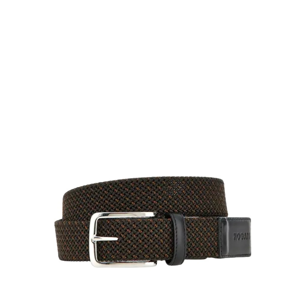 Hogan Geëmbosseerde elastische lint leren riem zwart Black Heren