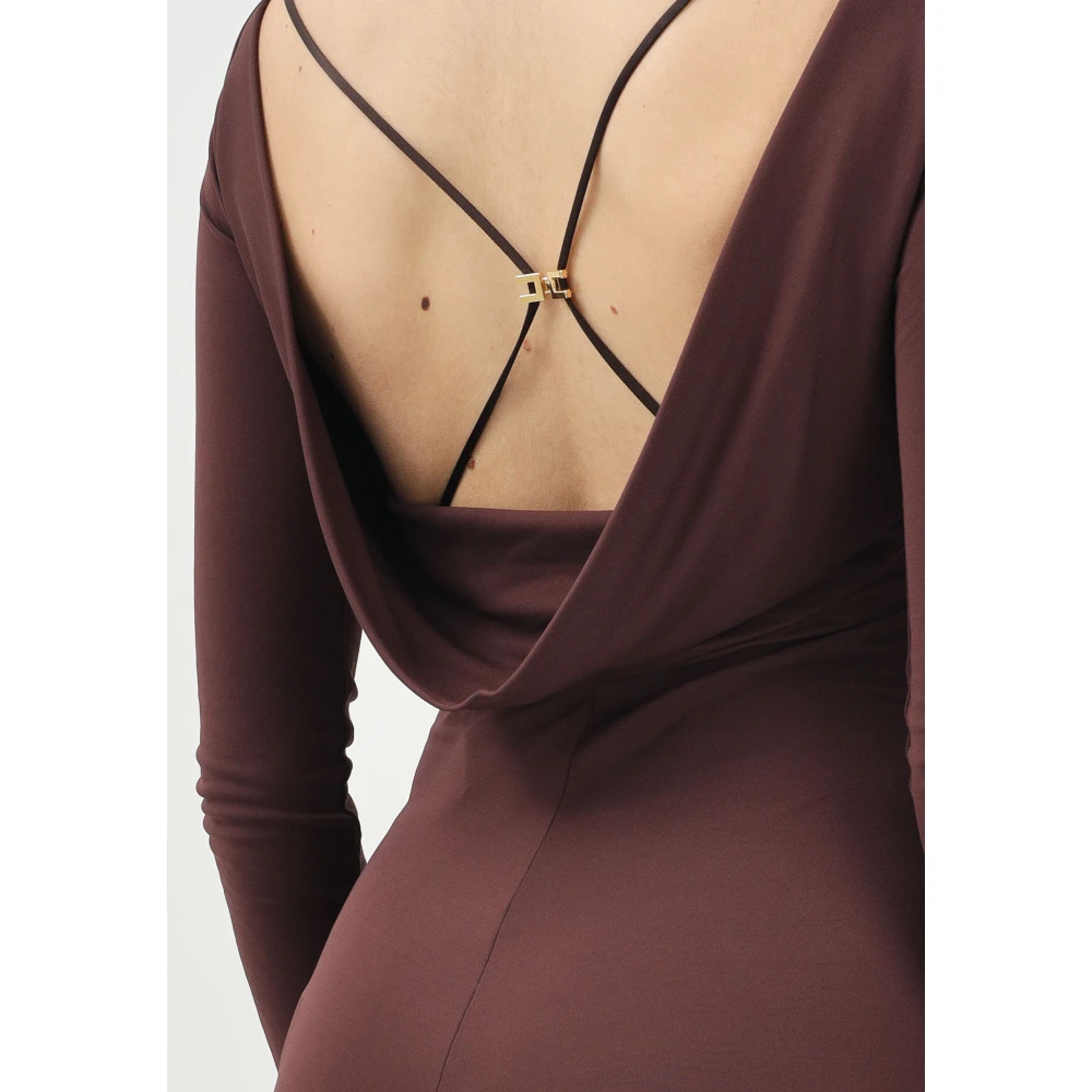 Elisabetta Franchi Bruine Lange Jurk Boothals Open Rug Brown Dames