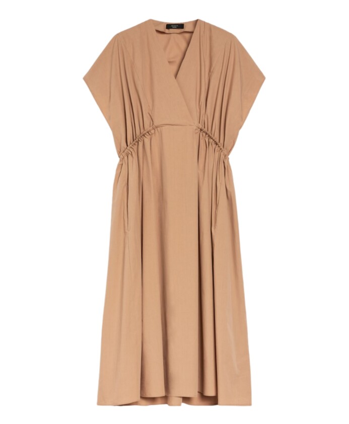 brown-midi-poplin-dress-with-crossed-v-neck