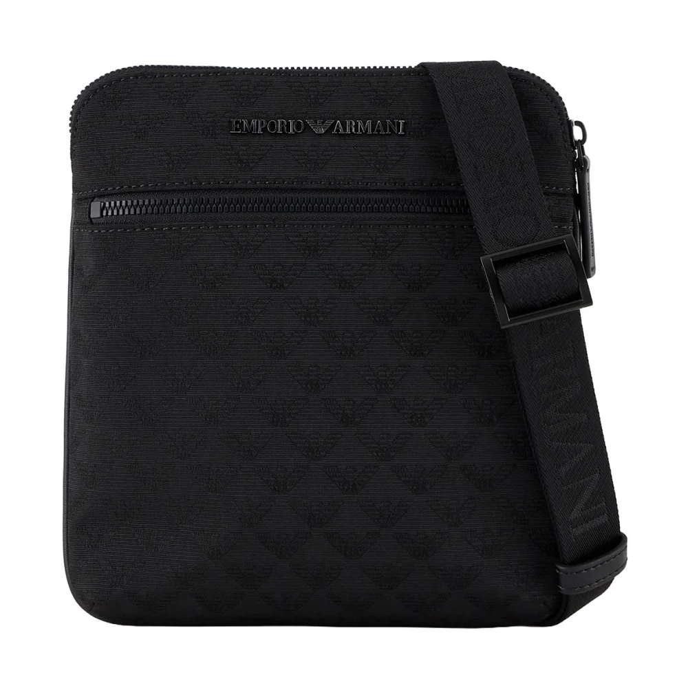 Emporio Armani Mannelijk Zwart Tassen Heren, One Size, Nylon, Jacquard Aquila Schoudertas Met Metalen Logo