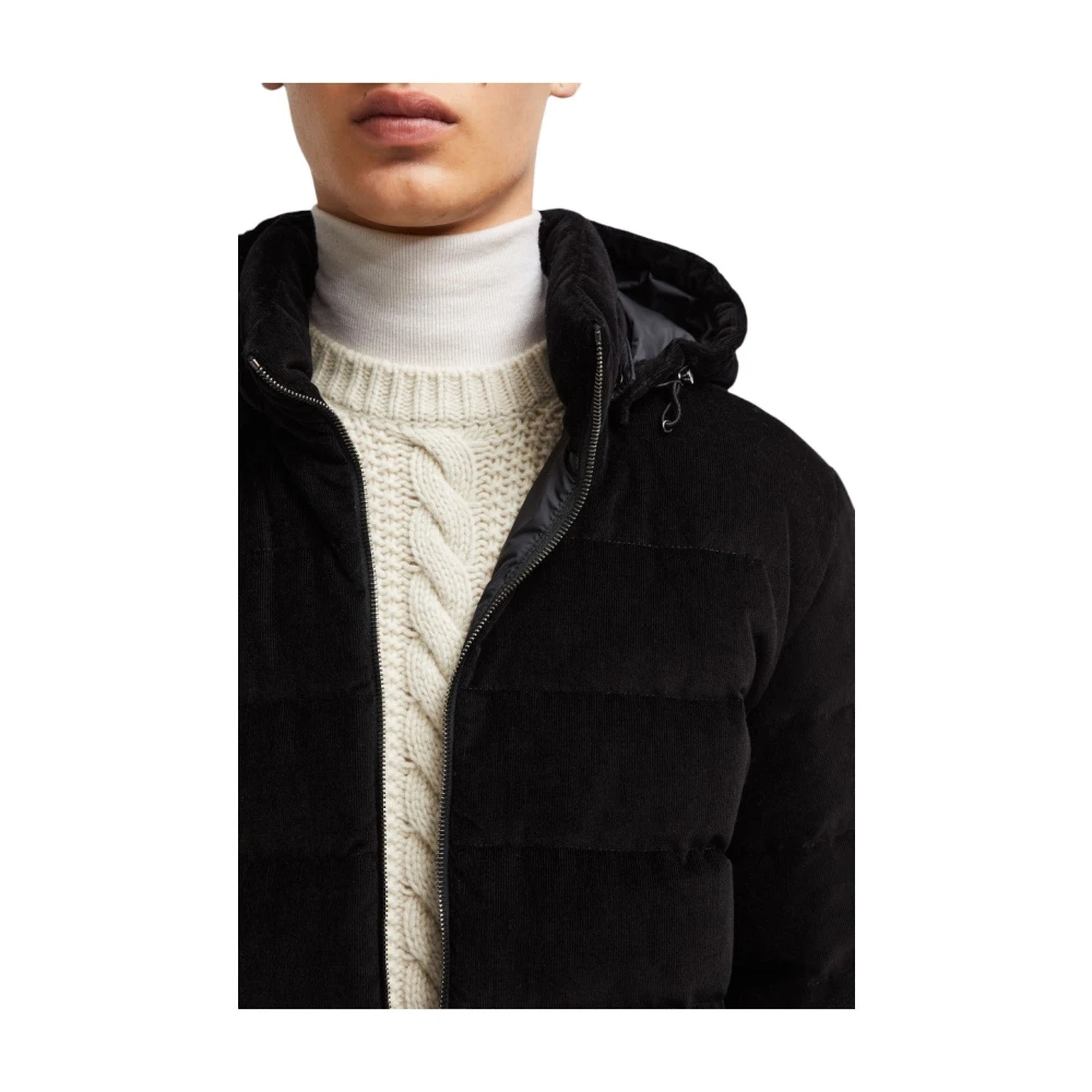 Moncler Corduroy Donsjas met Leren Afwerking Black Heren