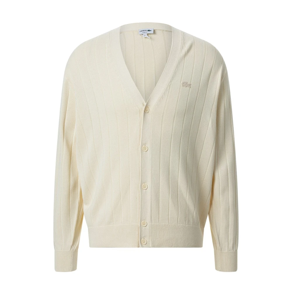 Lacoste Herr Vit Stickade Tröjor M, Bomull, V-Ringad Kofta I Bomull Med Moss-Stitch