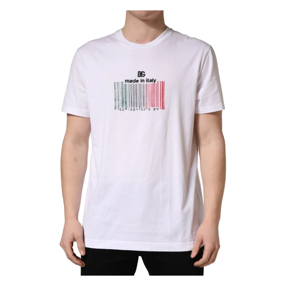 Dolce & Gabbana Homme Blanc Tops, Taille: 4XL Barcode Cotton Crew Neck T-Shirt