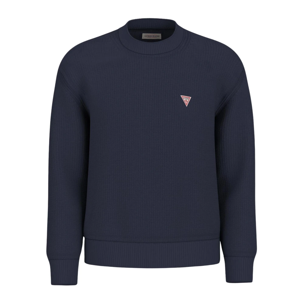 Guess Men's Blue Cotton Crew Neck Jumper - Round-Neck Knitwear - M - Knitwear