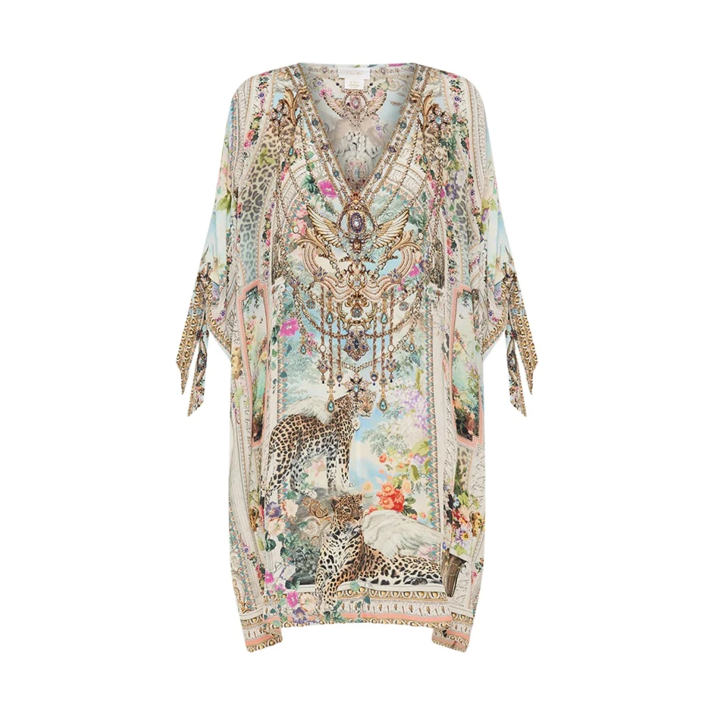 Camilla Luipaardprint Zijden Kaftan met Strikmouwen Beige Dames