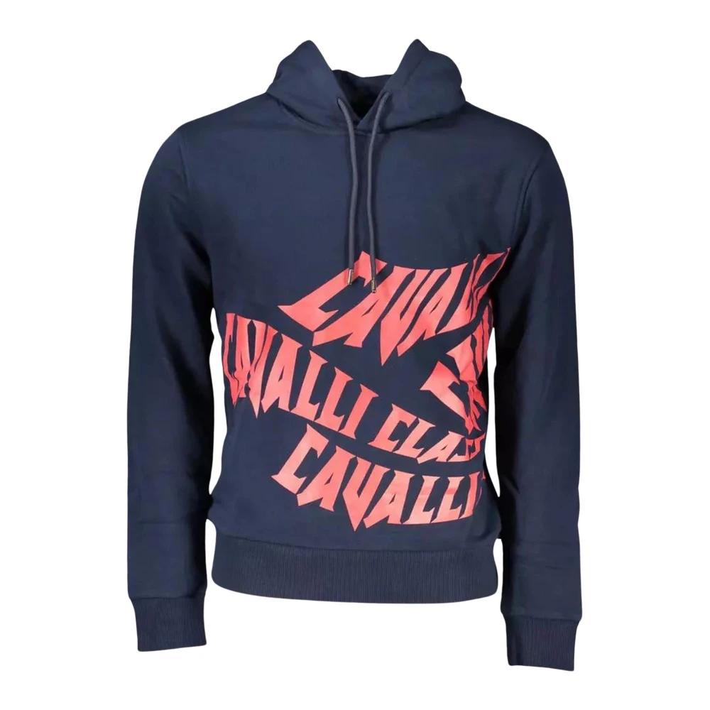 Cavalli Class Men's Blue Hoodies,, Cotton Jumper With Hood And Logo Print Large