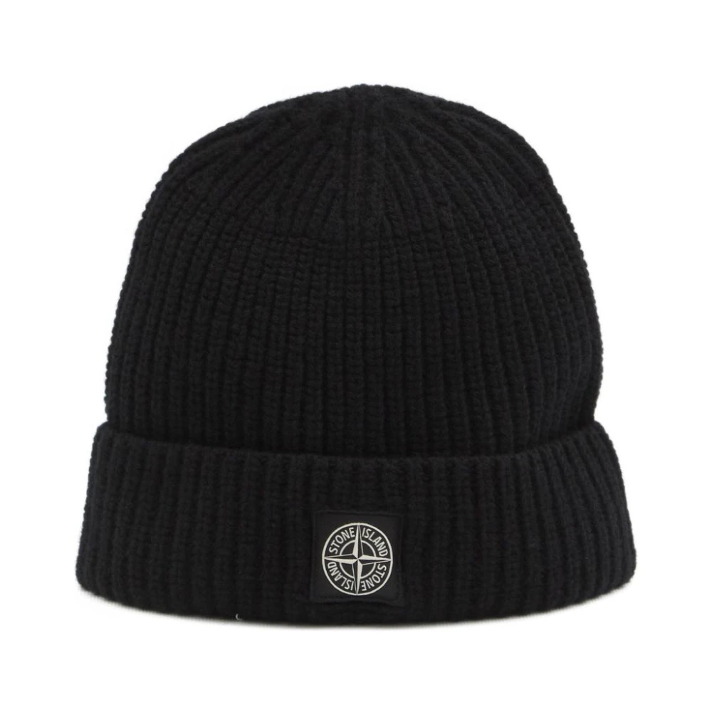 Stone Island Black Knit Logo Patch Wool Hat - Male - Accessories - Black - One Size - Accessories