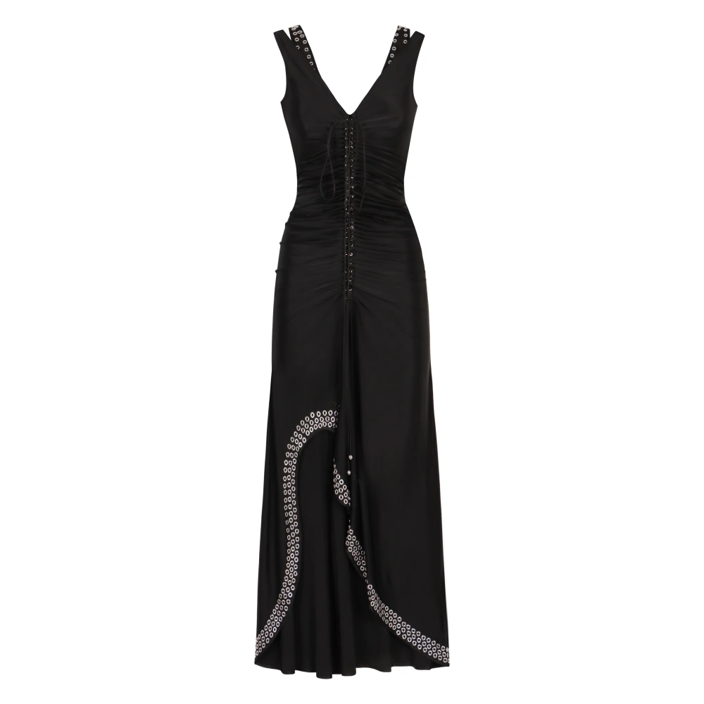 Paco Rabanne Asymmetrische Viscose Jurk met Metalen Oogjes Black Dames