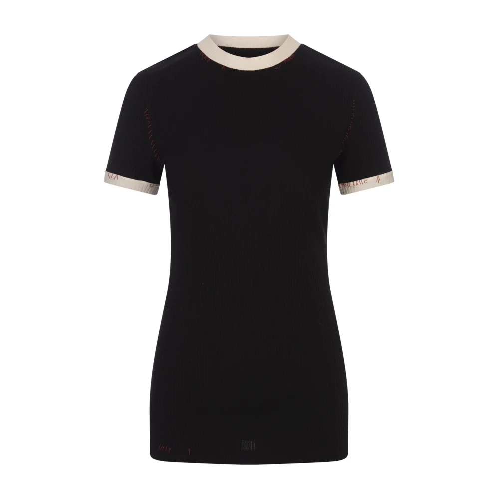 Marni Zwart Ribgebreide Top met Rode Stiksels Black Dames