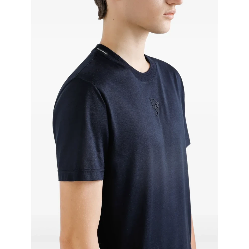 Dolce & Gabbana Zijden Logo T-shirt Navy Blue Crew Blue Heren