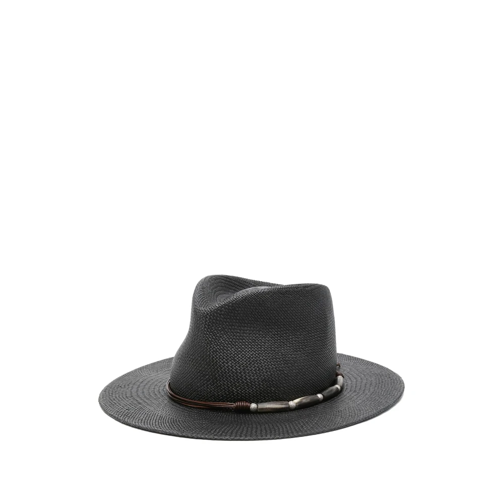 BRUNELLO CUCINELLI Zwarte Leren Brede Rand Hoed Black Dames
