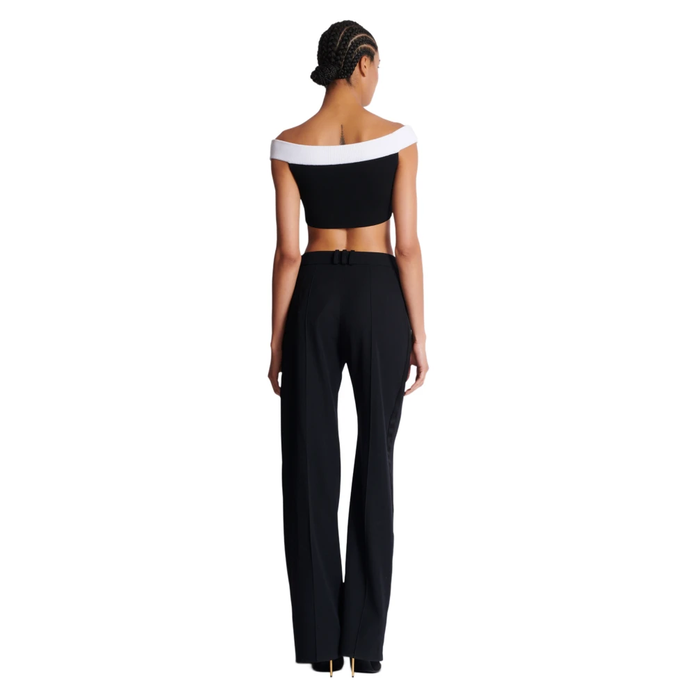 Balmain Tweekleurige gebreide cropped top met dubbele halslijn White Dames