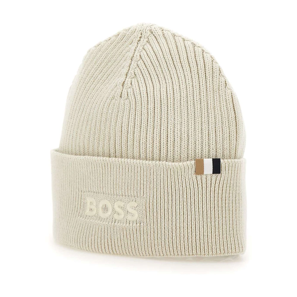Hugo Boss Ecru Geribbelde Wol Katoen Pet White Heren