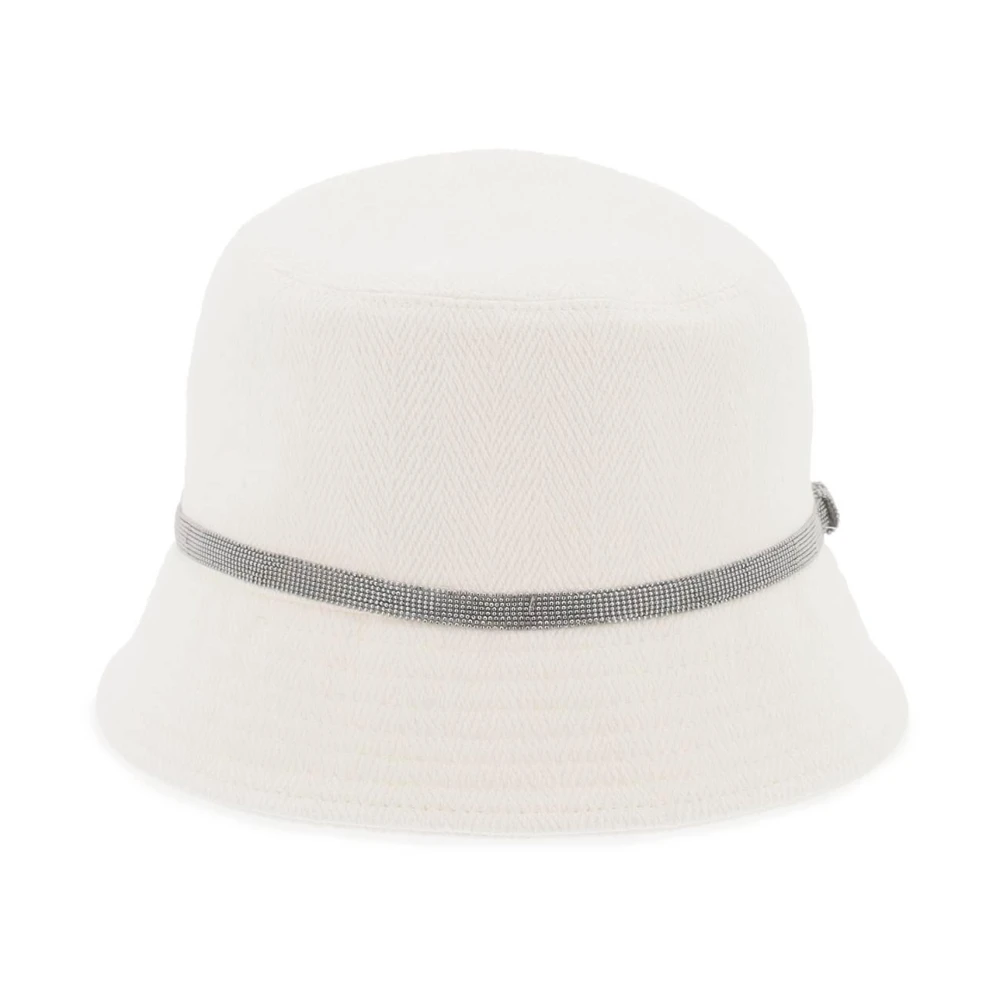 BRUNELLO CUCINELLI Glanzende Band Bucket Hat Met Monile Borduurwerk White Dames