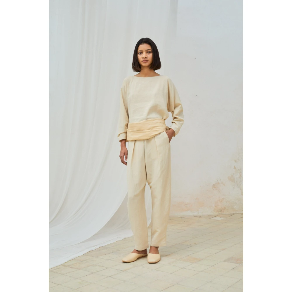 Cortana Beige Linnen Zijden Elastische Taillebroek Beige Dames