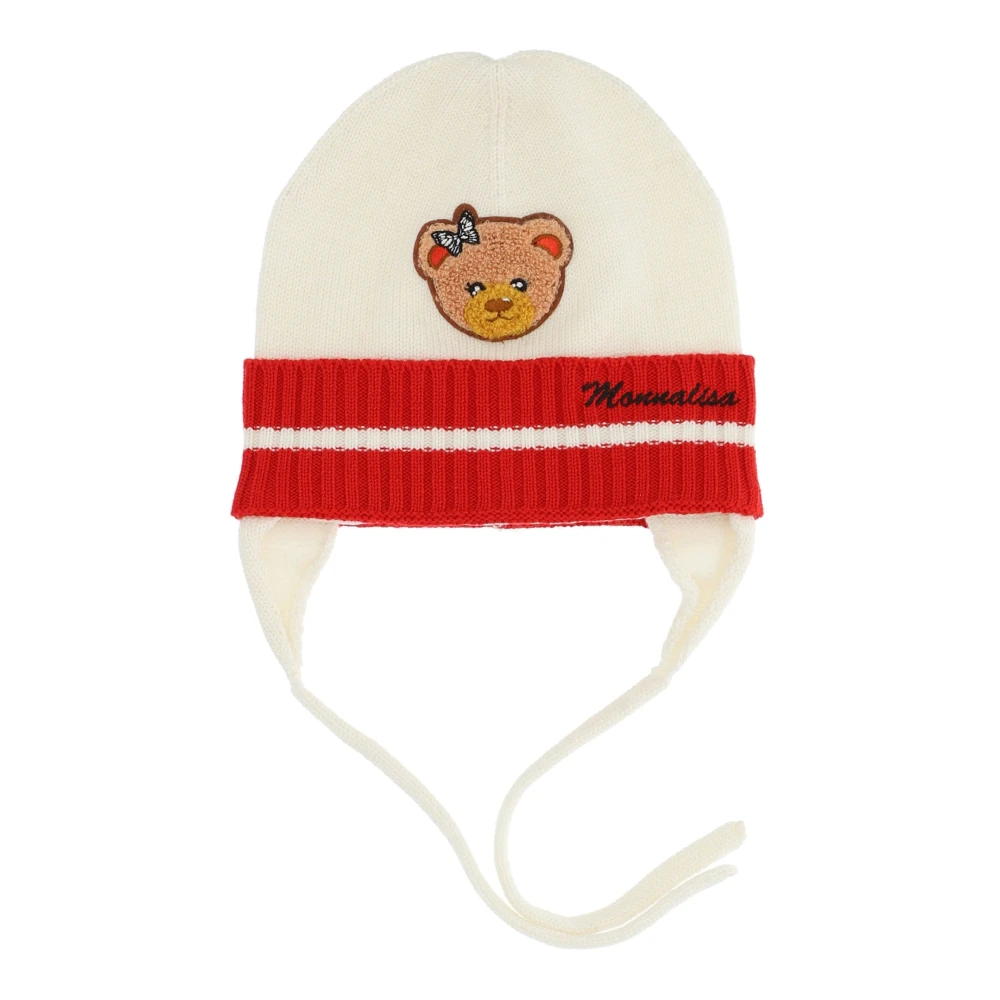 Monnalisa White Hats & Caps, Female, S, Bicolor Wool-Blend Hat With Bear Patch