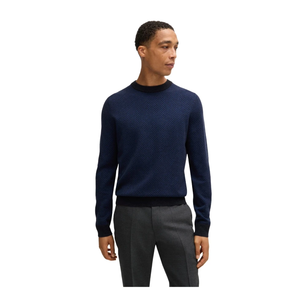 Hugo Boss Regular Fit Wol Katoen Jacquard Trui Blue Heren