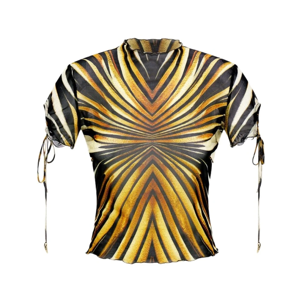 Roberto Cavalli , Blouses, Female, Yellow, M, Gold Print Ruffle Trim T-Shirt